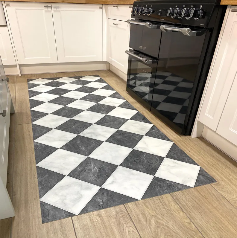 Home Bathroom Tiles Design - Checkerboard Vinyl Runner Rug in Black
