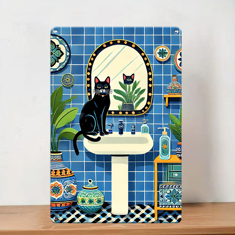 Home Bathroom Tiles Design - Vintage Black Cat Metal Tin Sign