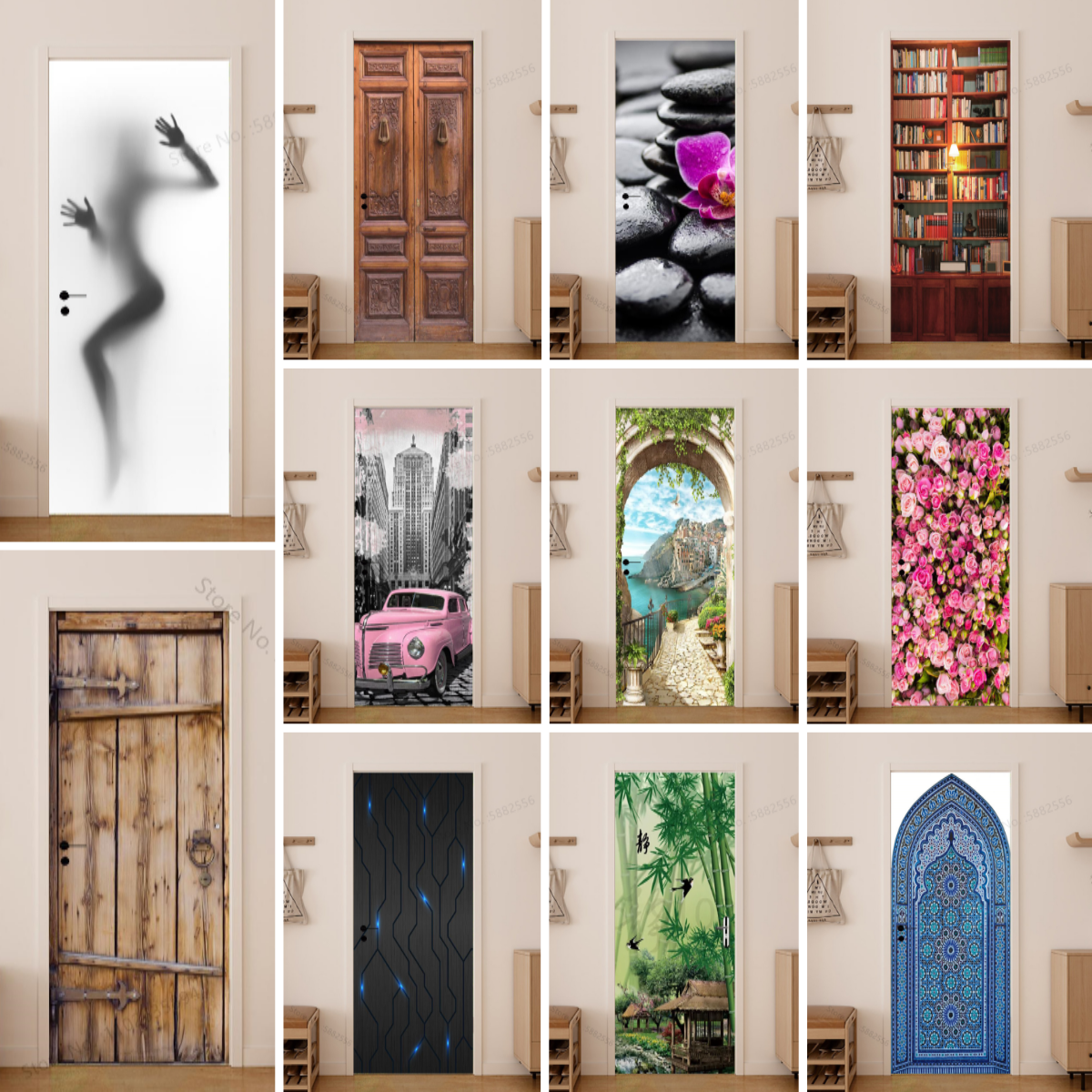 Girl Shadow Wooden Doors Vinyl - Home Bathroom Wallpaper review and price